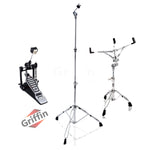 Drum Hardware Kit (3 Piece Set) by GRIFFIN - Kick Drum Pedal, Snare Stand & Straight Cymbal Stand - Deluxe Double-Chain Steel Pedal, Slip-Proof Gear Tilter & Clamp Basket Holder
