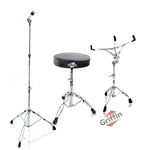 Drummer's Throne Seat, Snare Drum Stand & Straight Cymbal Stand Hardware Set (3 Piece Kit) by GRIFFIN - Comfortable Percussion Chair & Lightweight Mount for Standard Drums, Tom-Toms & Practice Pad