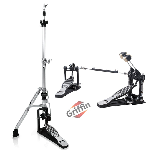 hi hat double bass pedal GRIFFIN Deluxe Pack Drum Hardware Kit (2 Piece Set) - Double Kick Drum Bass Pedal & 2-Legged Hi-Hat Stand