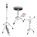 Drum Hardware Set - Hi-Hat Stand, Drummer's Throne Seat & Snare Stand (3-Piece Kit) by GRIFFIN - Deluxe Chrome Slip-Proof Gear Holder Percussion Kit for Mounting Hi-Hat Cymbals & Snare Drums