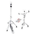 Drum Hardware Set - Hi-Hat Stand & Snare Drum Stand (2-Piece Kit) by GRIFFIN - Hi-Hat Pedal with Pull Chain, Chrome Double-Braced Kit & Mount Basket for Snares, Tom Drums & Practice Pad