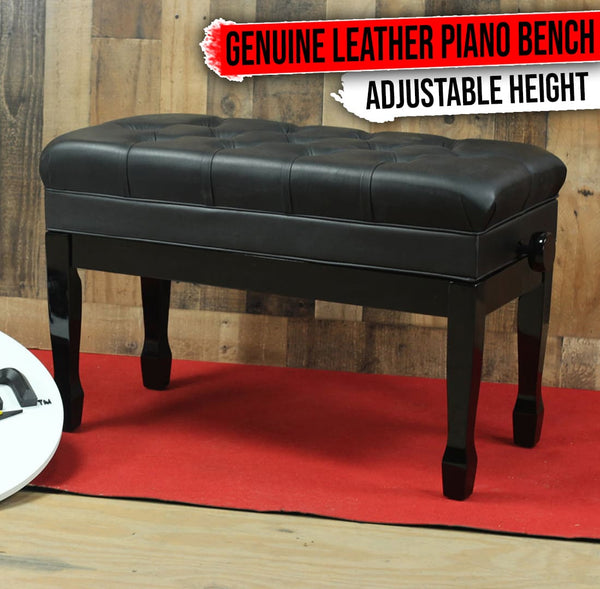 thumbnail image 2 of Kunova Duet Piano Bench - Black Solid Wood With Leather Seat | Storage Compartment For Sheet Music | Two-Person Keyboard Bench 2 of 10