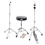 GRIFFIN Drum Hardware (3 Piece Set) - Hi-Hat Stand, Drummer's Throne Seat & Straight Cymbal Stand - Deluxe Chrome Percussion Set for Mounting Medium-Duty Crash, Ride & Splash Cymbals