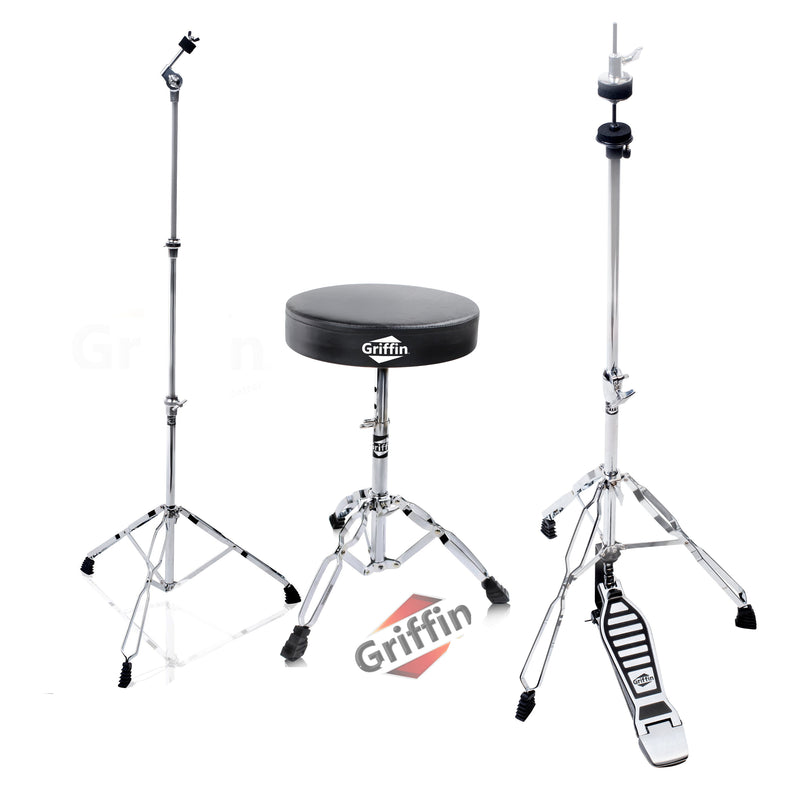 GRIFFIN Drum Hardware (3 Piece Set) - Hi-Hat Stand, Drummer's Throne Seat & Straight Cymbal Stand - Deluxe Chrome Percussion Set for Mounting Medium-Duty Crash, Ride & Splash Cymbals