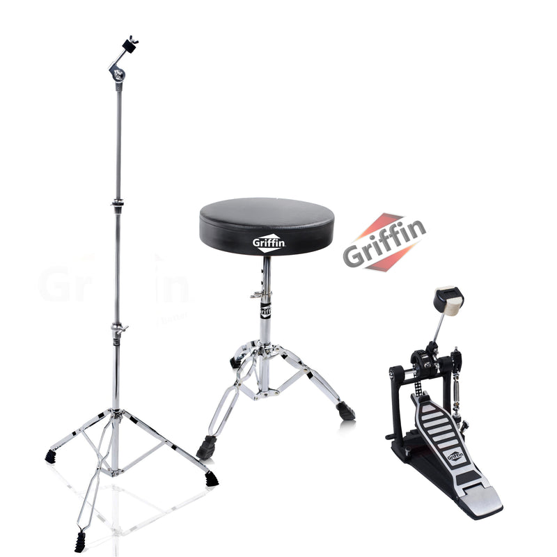 GRIFFIN Drum Hardware Set (3 Piece Kit) - Kick Drum Pedal, Drummer's Throne Seat & Straight Cymbal Stand - Deluxe Chrome Percussion Set for Mounting Crash, Ride & Splash Cymbals