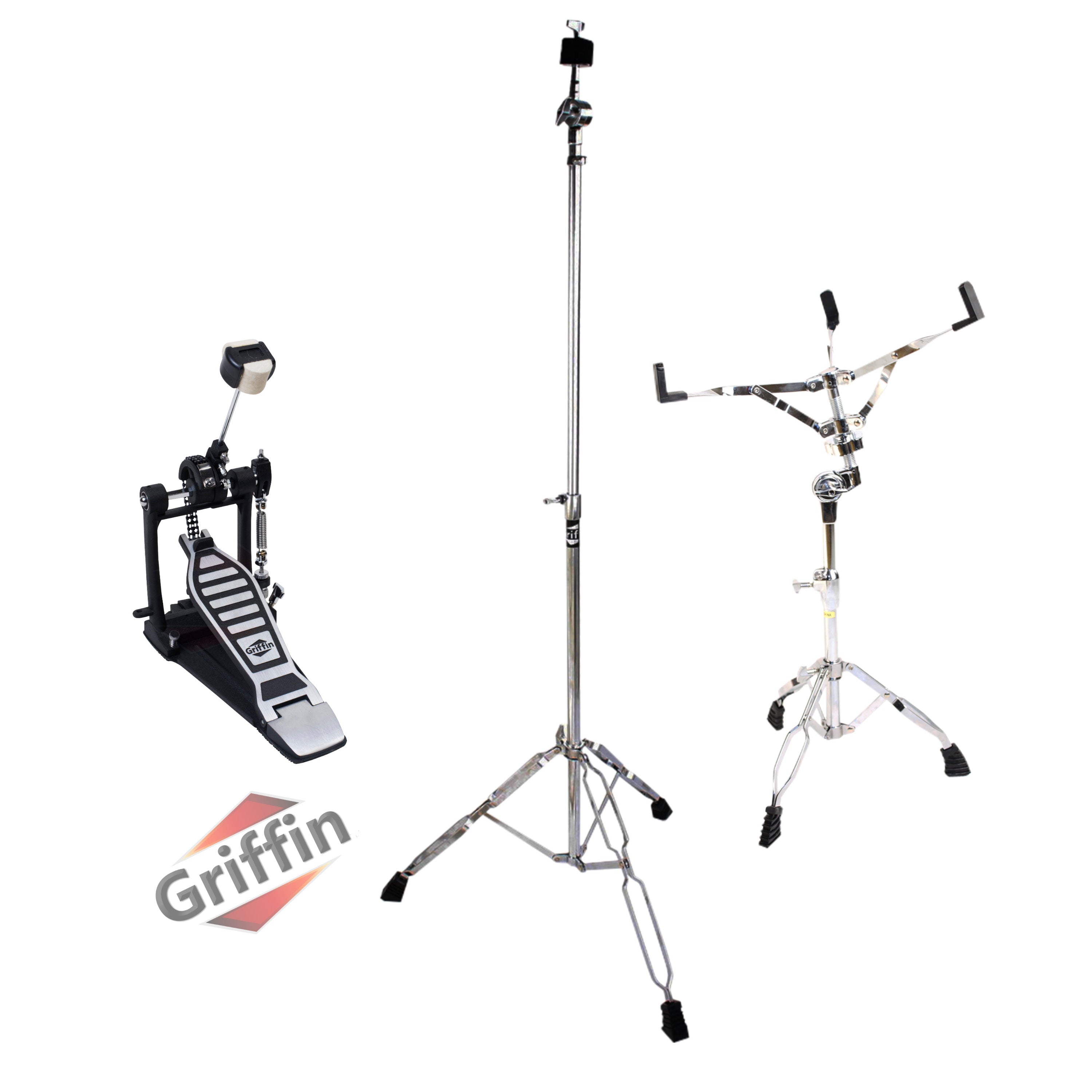 GRIFFIN Drum Hardware 3 PACK Kick Pedal, Snare Stand & Cymbal Stand