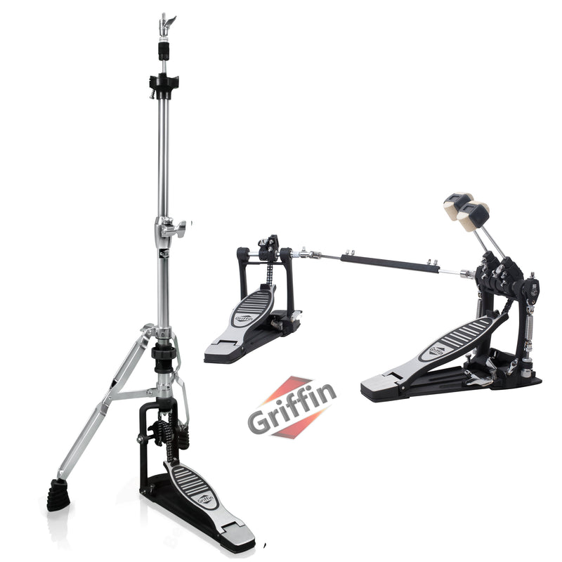 GRIFFIN Deluxe Pack Drum Hardware Kit (2 Piece Set) - Double Kick Drum Bass Pedal & 2-Legged Hi-Hat Stand - Quad-Sided Beater Head, Dual Chain Drive System & Responsive for Metal & Rock Drummers