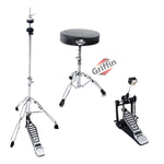 GRIFFIN Drum Hardware Set (3-Piece Kit) - Bass Drum Kick Pedal, Drummer's Throne Seat & Hi-Hat Stand - Deluxe Chrome Percussion Set for Mounting Crash, Ride & Splash Cymbals