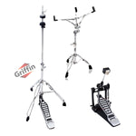 Hi-Hat Stand, Kick Drum Pedal & Snare Stand Hardware Kit (3-Piece Kit) by GRIFFIN - Deluxe Full-Size Percussion Chrome Set with Double-Braced Legs - Lightweight, Portable & Mobile, Perfect for Drummer Gigs & Live Performances