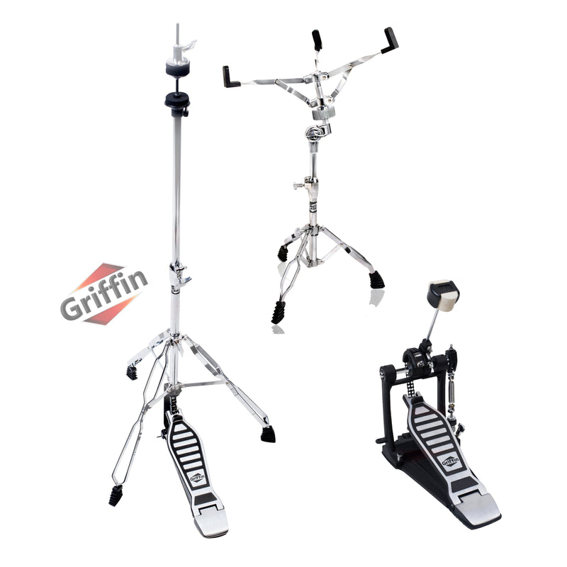 Hi-Hat Stand, Kick Drum Pedal & Snare Stand Hardware Kit (3-Piece Kit) by GRIFFIN - Deluxe Full-Size Percussion Chrome Set with Double-Braced Legs - Lightweight, Portable & Mobile, Perfect for Drummer Gigs & Live Performances