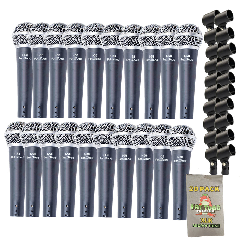 Cardioid Dynamic Microphones & Clips (20-Pack) by FAT TOAD - Vocal Handheld Unidirectional Mics for Music Stage Performances, Studio Recording & DJ Karaoke