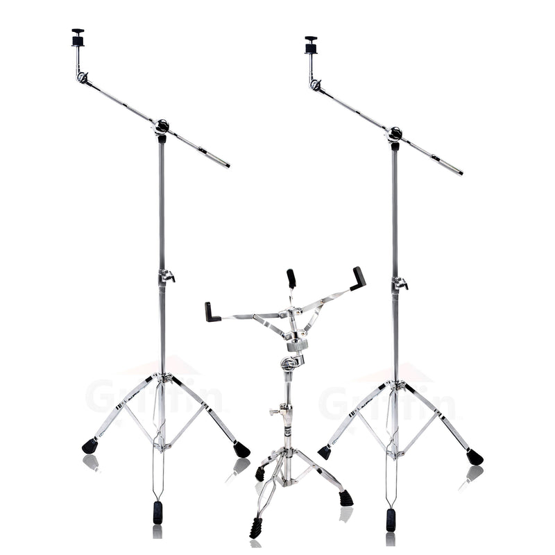 Cymbal Stand with Boom Arm & Snare Drum Stand Kit (3x Stands) by GRIFFIN - Chrome Percussion Hardware Set with Double-Braced Legs & Counterweight Adapter for Mounting Crash, Ride & Splash Cymbals