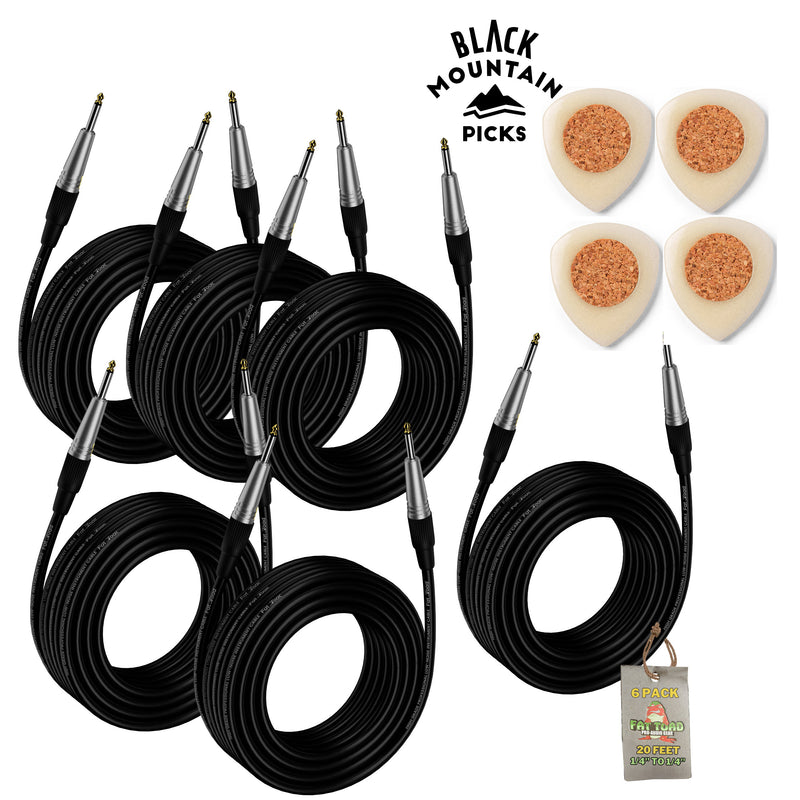Guitar Accessories Bundle- Black Mountain Tagua Guitar Picks 4 Pack Kit Set with FAT TOAD 20FT Guitar Cables 6 Pack Shielded 1/4 Inch Instrument Cords for Acoustic Electric Guitar Bass Keyboards