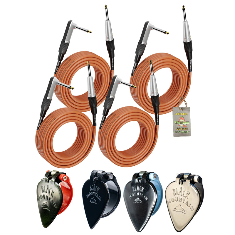 4X BLACK MOUNTAIN Thumb Guitar Picks With FAT TOAD 20FT Instrument Cables 4 PACK