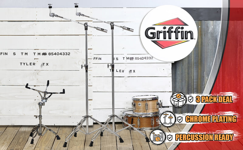 3 PACK - Cymbal Stand With Boom Arm & Snare Drum Stand Kit by GRIFFIN | Percussion Chrome Gear Hardware Set with Double Braced Legs | Counterweight Adapter for Mounting Crash, Ride, Splash Cymbals