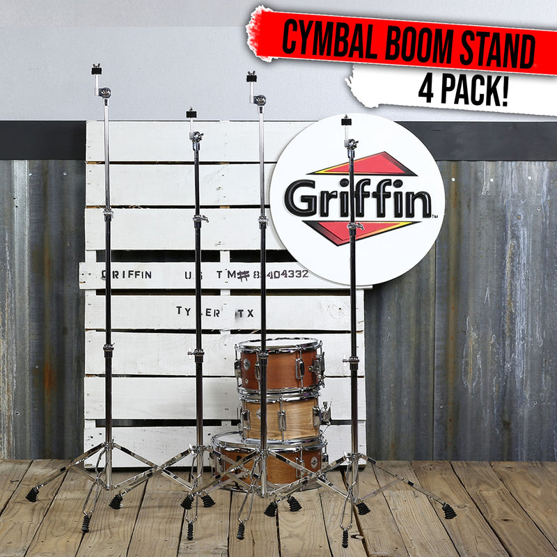 Straight Cymbal Stand Set (4-Pack ) by GRIFFIN - Double-Braced Legs, Slip-Proof Gear Holder & Lightweight for Mobile Drummers - Chrome Percussion Kit for Mounting Crash & Splash Cymbals