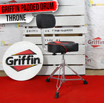 Saddle Drum Throne with Backrest Support by GRIFFIN - Padded Leather Drummer Motorcycle Biker Style Seat - Swivel Adjustable Height Music Drum Chair