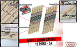 12 Pairs of Select Elite Maple Wood Drum Sticks by GRIFFIN Attack Zzzap - Size 5A Premium Balanced, Level and Straight - Drummers Percussion Classic Pure Grit Uncoated, Raw Wood Drumming Sticks