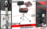 Saddle Drum Throne with Backrest Support by GRIFFIN - Padded Leather Drummer Motorcycle Biker Style Seat - Swivel Adjustable Height Music Drum Chair