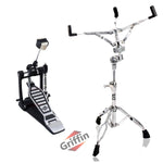Single Kick Bass Drum Pedal & Snare Drum Stand Package (2-Piece Kit) by Griffin -Deluxe Double-Chain Foot Percussion Kit with 4-Sided Beater & Adjustable Power Cam System for Intense Play