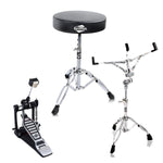 Single Kick Bass Pedal, Drum Throne & Snare Stand (3-Piece Set) by GRIFFIN - Double-Chain Foot Percussion Kit for Intense Play & Comfortable Drum Seat for Adults
