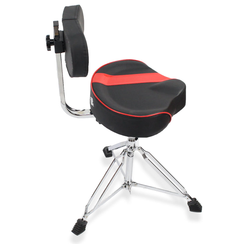 Saddle Drum Throne with Backrest Support by GRIFFIN - Padded Leather Drummer Motorcycle Biker Style Seat - Swivel Adjustable Height Music Drum Chair