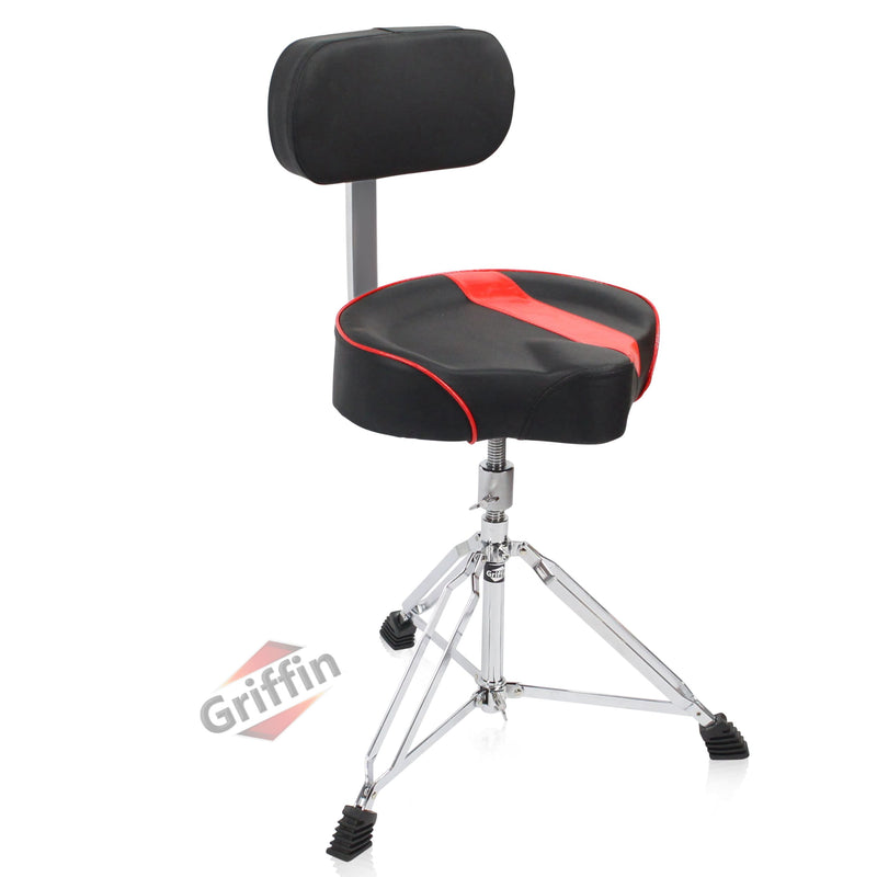 Saddle Drum Throne with Backrest Support by GRIFFIN - Padded Leather Drummer Motorcycle Biker Style Seat - Swivel Adjustable Height Music Drum Chair