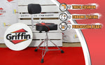 Saddle Drum Throne with Backrest Support by GRIFFIN - Padded Leather Drummer Motorcycle Biker Style Seat - Swivel Adjustable Height Music Drum Chair