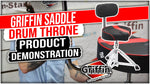 Saddle Drum Throne with Backrest Support by GRIFFIN - Padded Leather Drummer Motorcycle Biker Style Seat - Swivel Adjustable Height Music Drum Chair