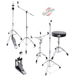 Drum Hardware Pack Complete 6 Piece Set by GRIFFIN - Full Size Percussion Stand Kit with Snare, Hi-Hat, Cymbal Boom, Throne Stool & Single Kick Pedal