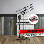 GRIFFIN Microphone Stand 3PACK Boom Mount XLR Cable Cardioid Singing DJ Mic Clip
