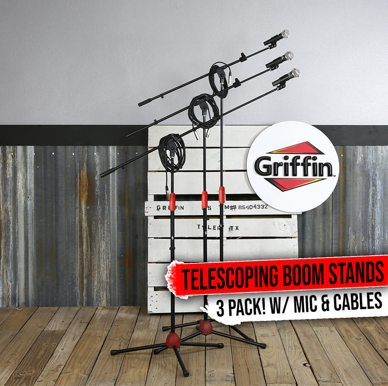 GRIFFIN Microphone Stand 3PACK Boom Mount XLR Cable Cardioid Singing DJ Mic Clip
