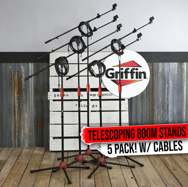 Microphone Boom Stand 5PACK Lot GRIFFIN Studio XLR Cable Mic Clip Telescopic Arm