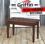 GRIFFIN Brown Leather Piano Bench Wood Keyboard Seat Music Storage Guitar Stool