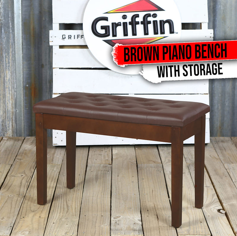 GRIFFIN Brown Leather Piano Bench Wood Keyboard Seat Music Storage Guitar Stool