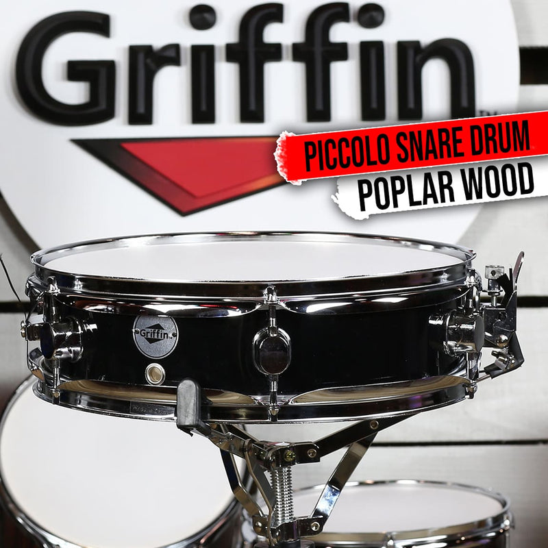 GRIFFIN Piccolo Snare Drum - 13x3.5 Black Acoustic Percussion Poplar Wood Shell