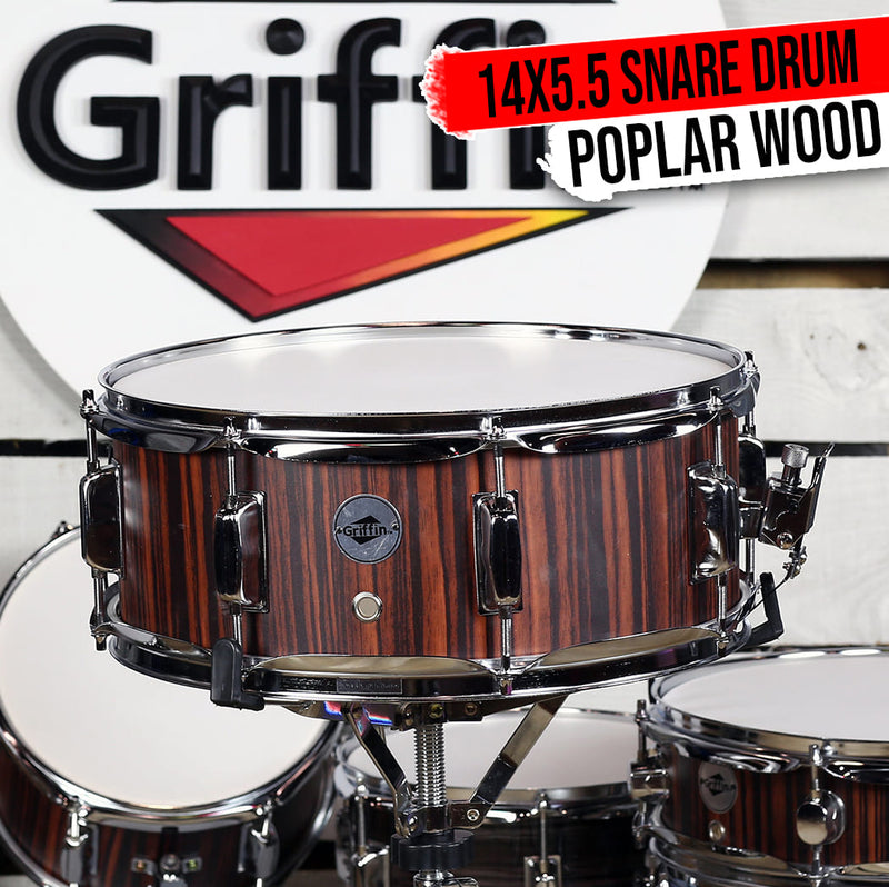 GRIFFIN Snare Drum - 14X5.5 Poplar Wood Shell Acoustic Percussion Head Kit Set