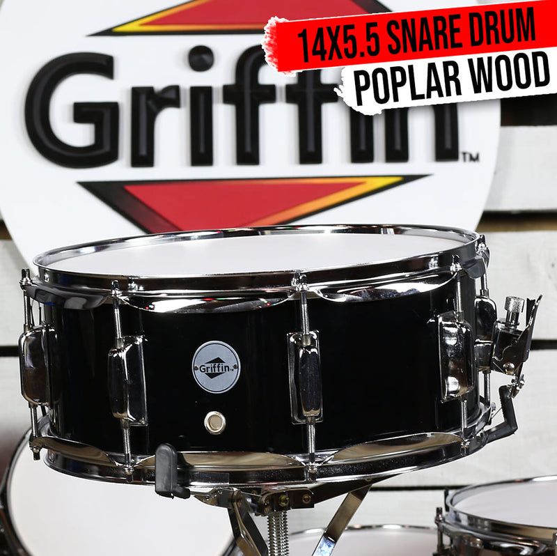 GRIFFIN Snare Drum - Black 14x5.5 Poplar Wood Shell Acoustic Percussion Kit Set