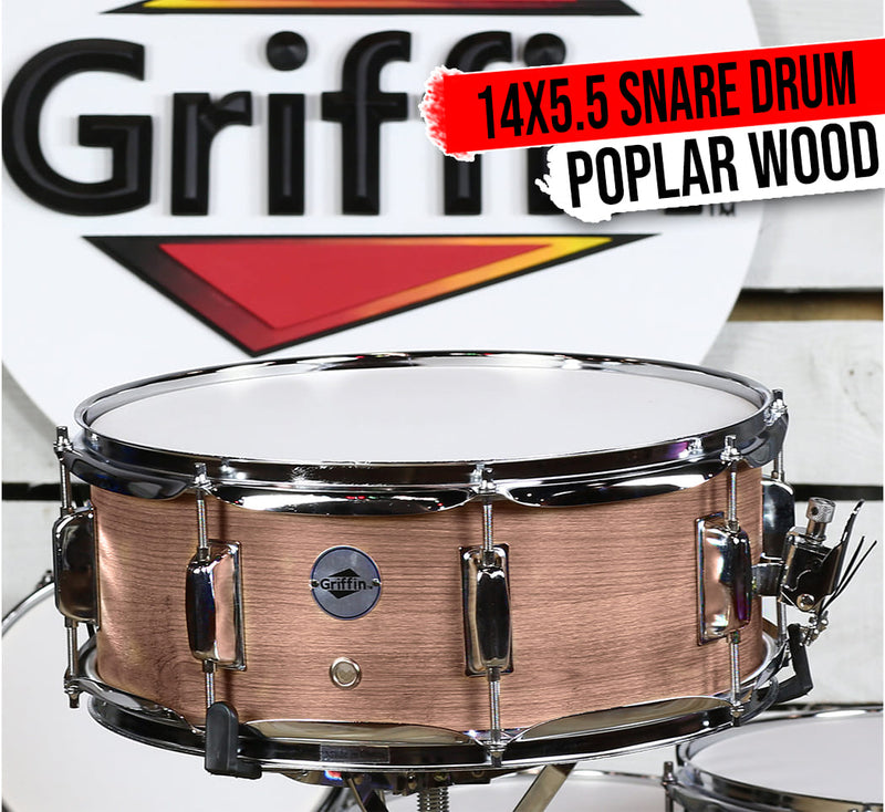 GRIFFIN Snare Drum - 14 x 5.5 Oak Wood Poplar Shell Percussion Head Key Kit Set