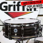 GRIFFIN Wood Snare Drum - Zebra 14x5.5 Poplar Shell Percussion Head Key Kit Set