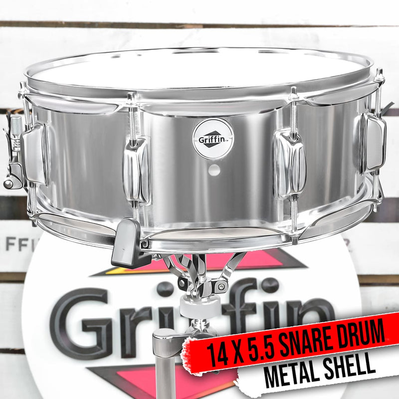 GRIFFIN Metal Snare Drum 14x5.5 Steel Chrome Shell Percussion Head Key Hardware