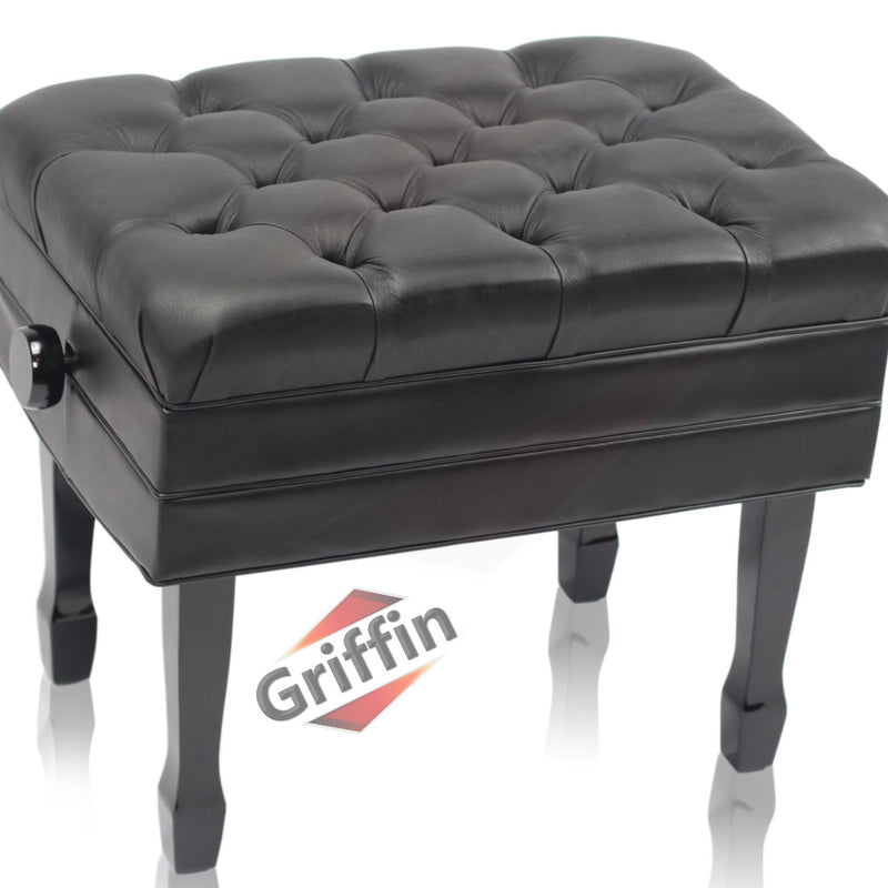 Genuine Leather Adjustable Piano Bench by GRIFFIN - Black Solid Wood Vintage Style & Heavy-Duty Ergonomic Keyboard Stool - Cushion Seat With Storage