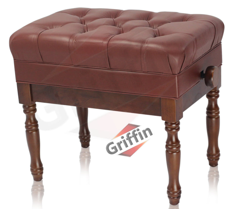 Genuine Leather Adjustable Piano Bench by GRIFFIN - Brown Solid Wood Vintage Design, Heavy-Duty & Ergonomic Keyboard Stool - Seat With Storage Space