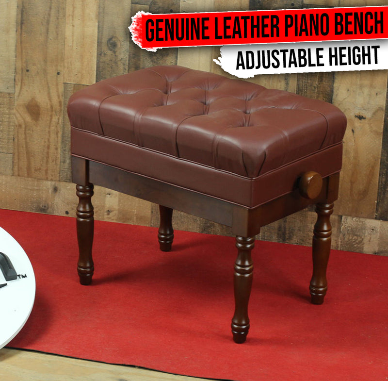 Genuine Leather Adjustable Piano Bench Seat - GRIFFIN Brown Wood Keyboard Stool