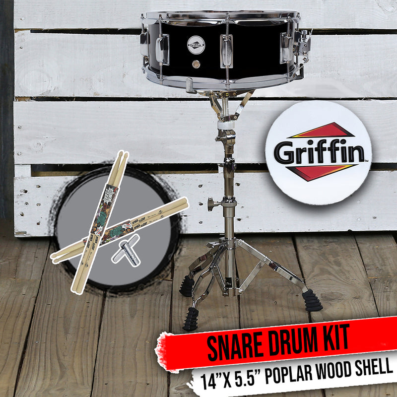 Snare Drum by GRIFFIN | 14 x 5.5 Black Hickory PVC & Coated Head on  Poplar Wood Shell | Acoustic Marching Percussion Instrument Set, Drummers  Key, 8